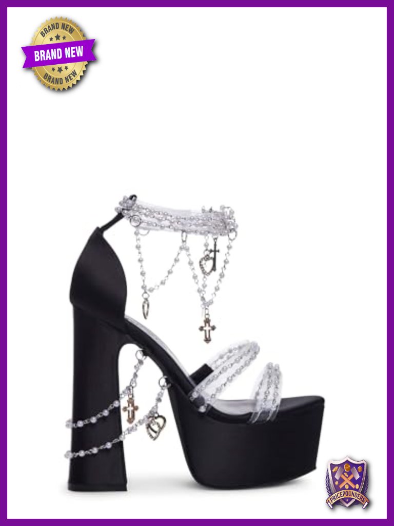 Velvet Platform Heels With Pearl Beads & Adjustable Straps